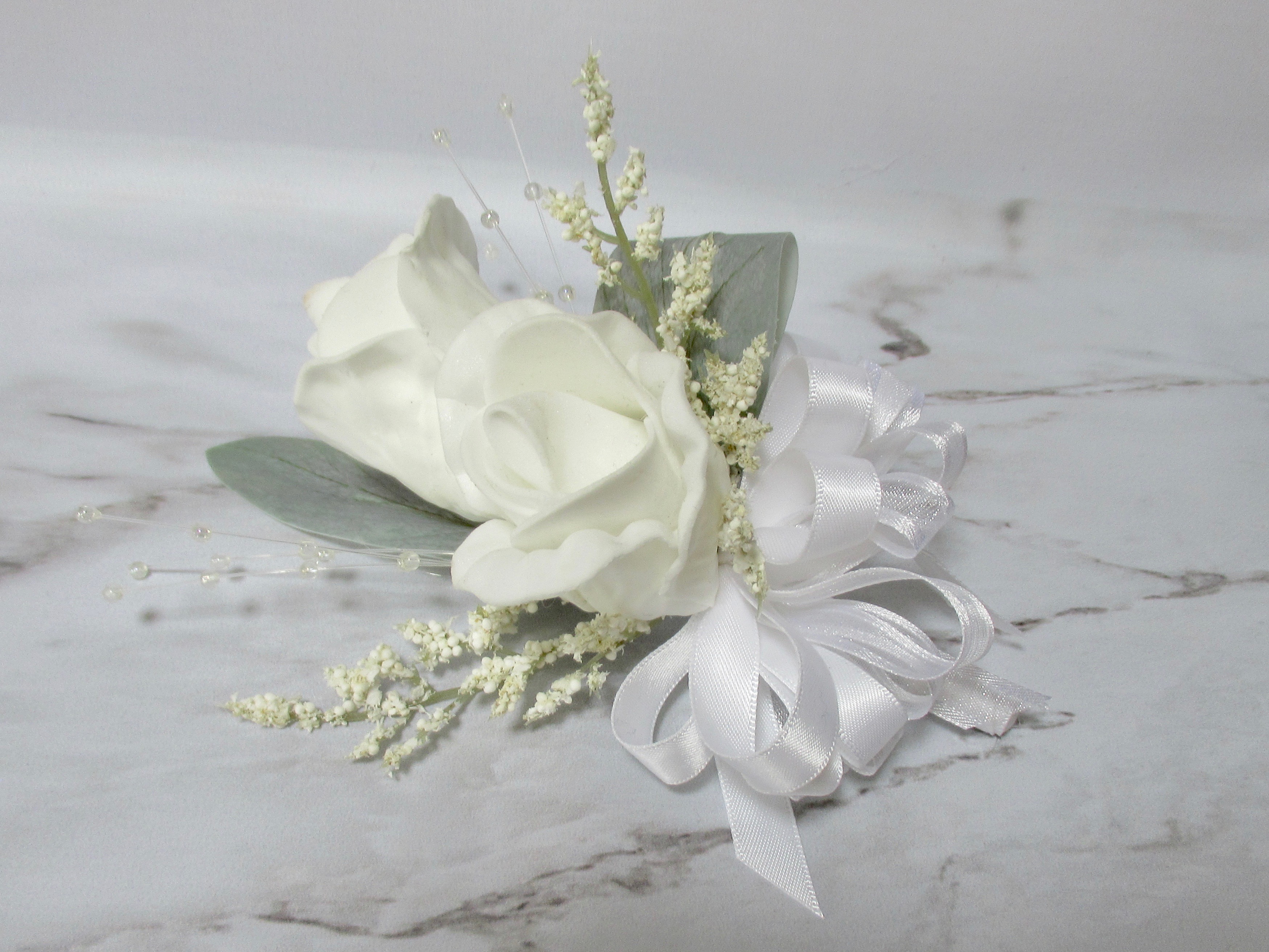 ivory and sage corsage for weddings, ivory and sage wedding flowers